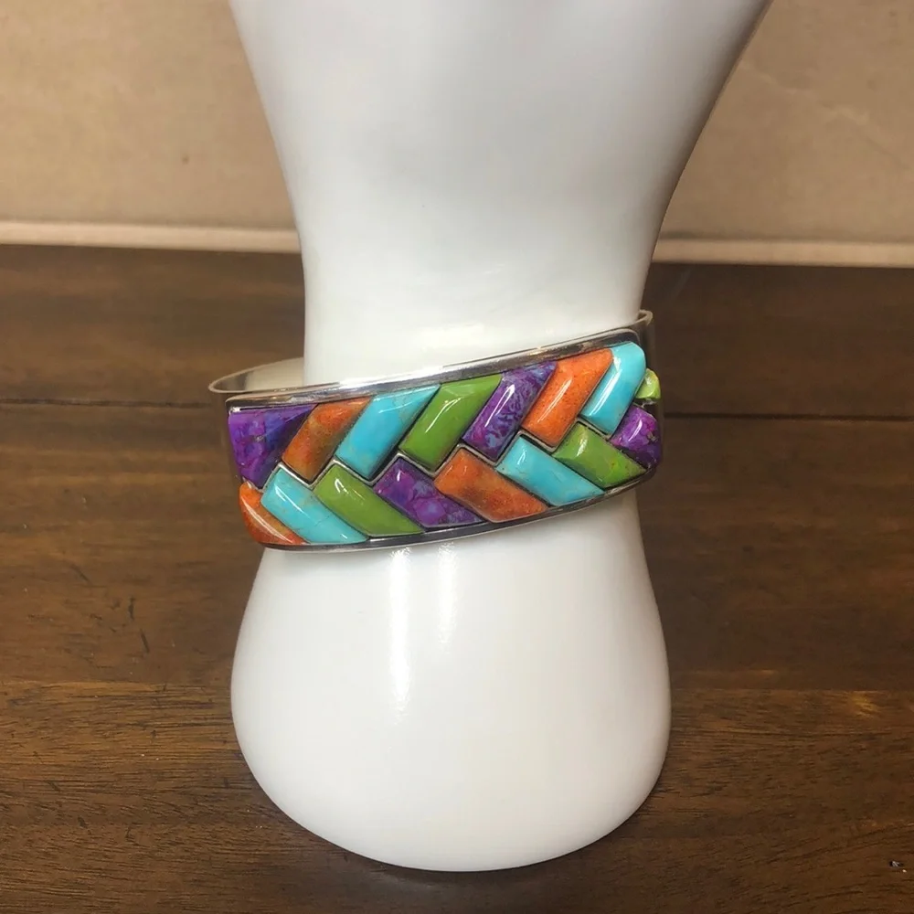 JAY KING Turquoise Coral Green Turquoise Sterling Silver Braided Gem Stone Cuff - Picture 1 of 17